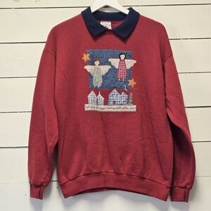 Vintage Red Sweatshirt with Navy Collar and Appliqué